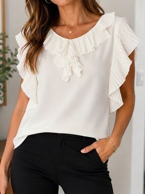 Pleated Ruffle Sleeveless Blouse — Cream